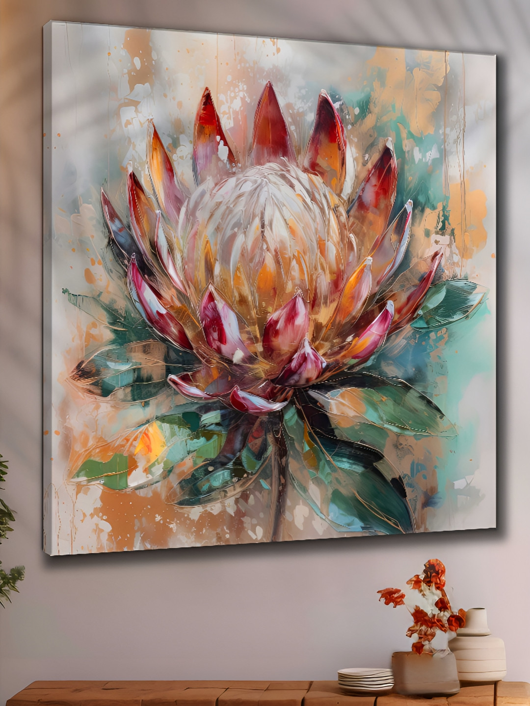 Myntra Elegant Homes Pink & Orange Lotus Building Canvas Wall Art