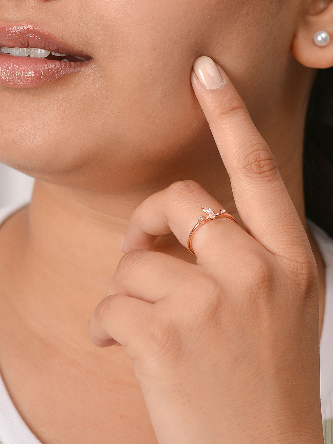 DressBerry Rose Gold-Plated Cubic Zirconia-Studded Leaf-Inspired Finger Ring