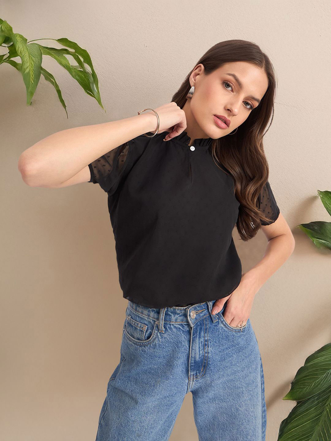 DressBerry Mandarin Collar Slit Sleeve Top