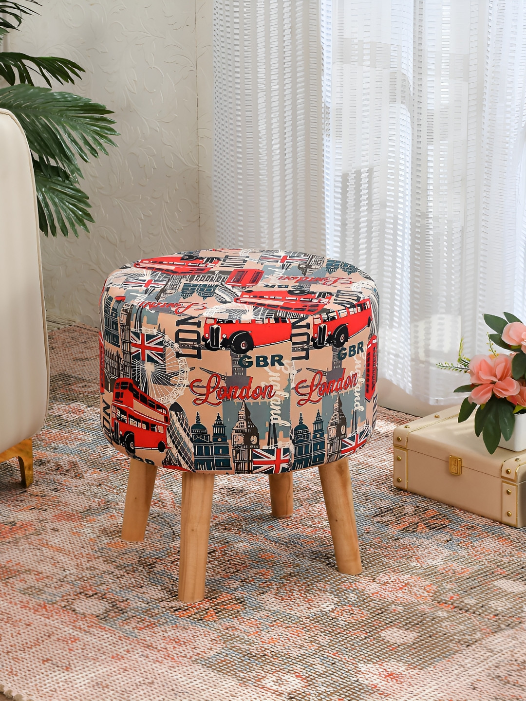 NACIA Red & Blue Printed Wooden & Velvet Round Pouffes Stool Ottomans