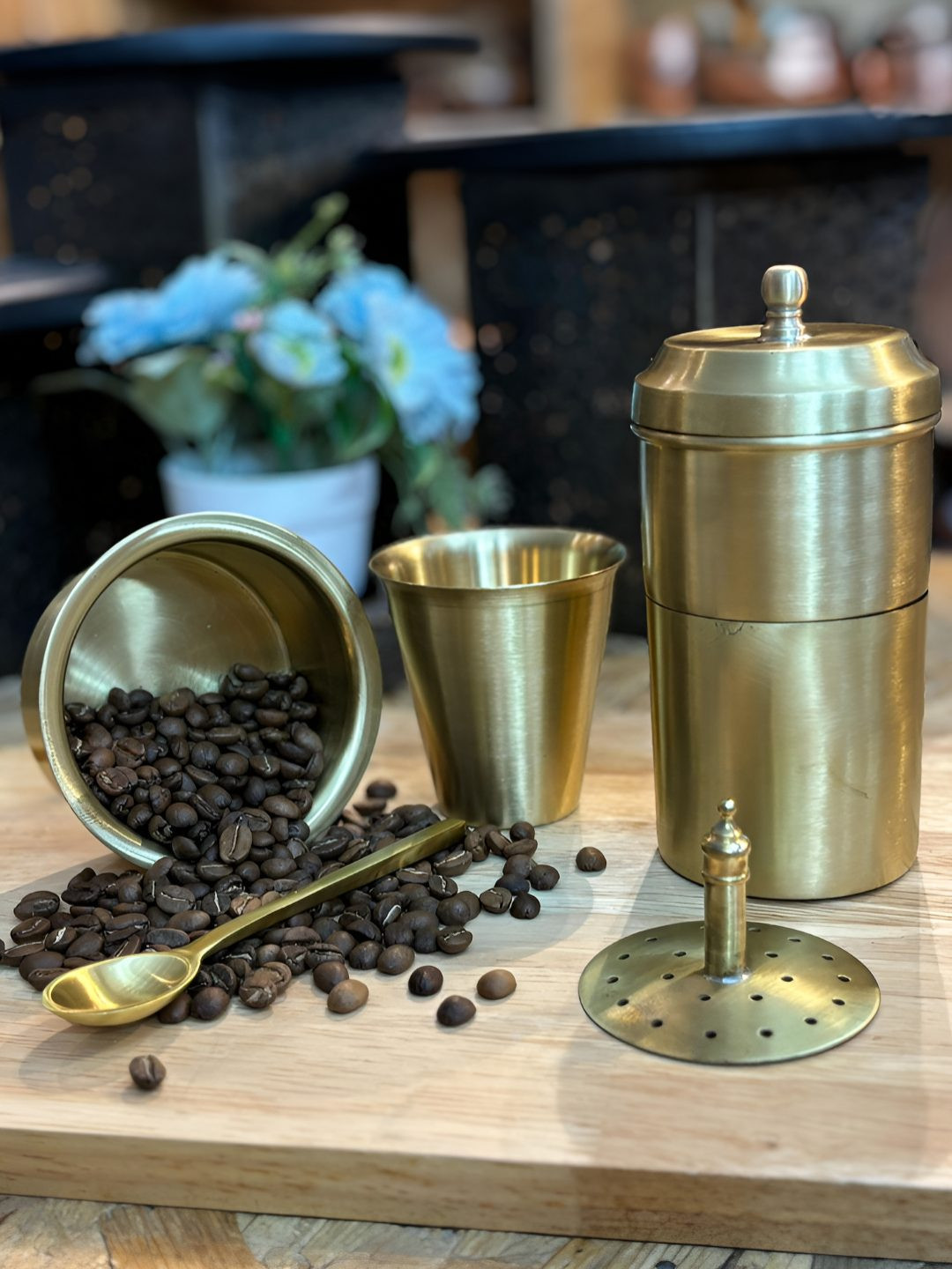 PURI Brass South Indian Styled Coffee Filter with Dabara Set & 1 Small Spoon 250 ML