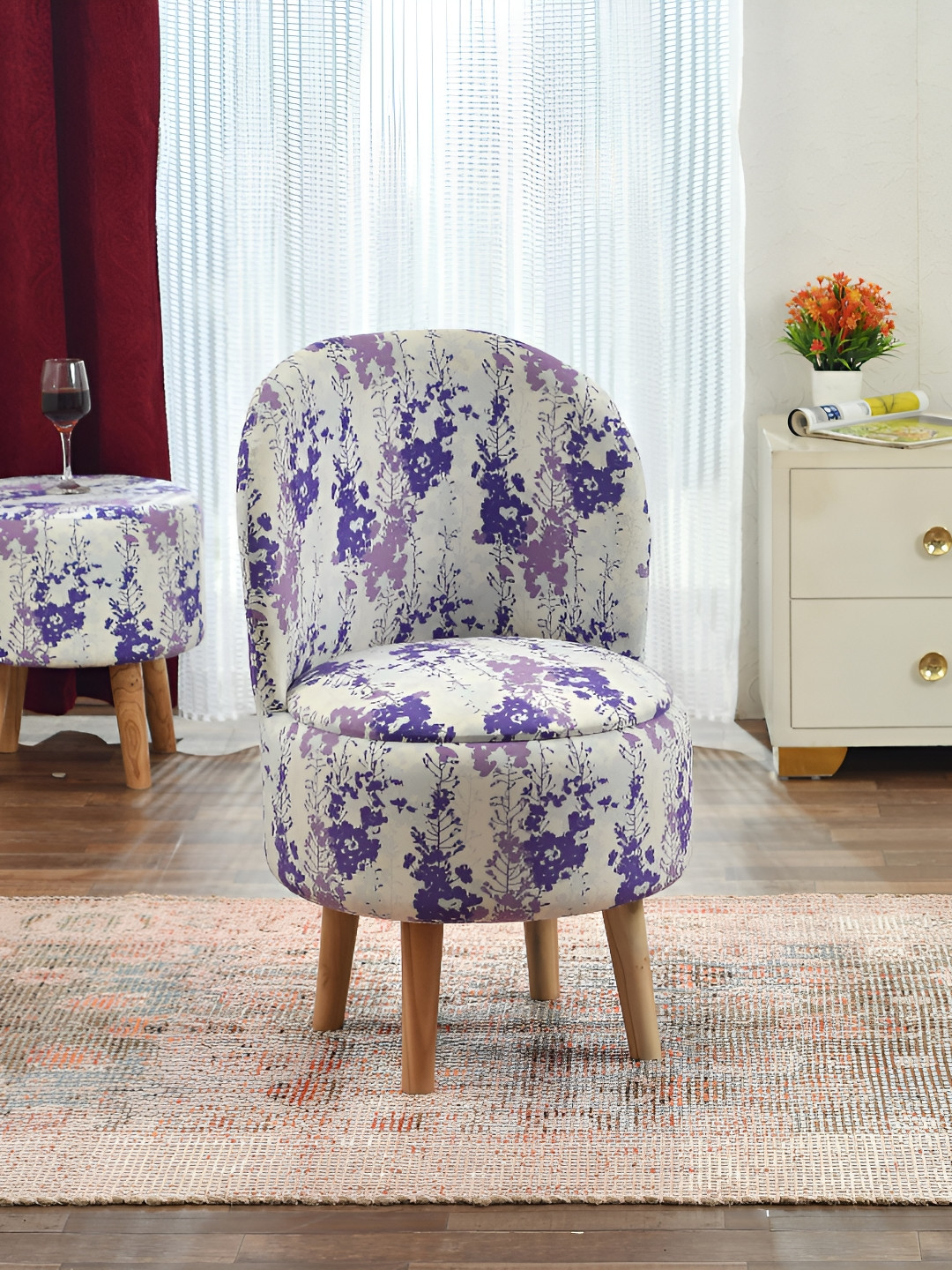 NACIA White & Purple Printed Wooden Round Chair Ottoman
