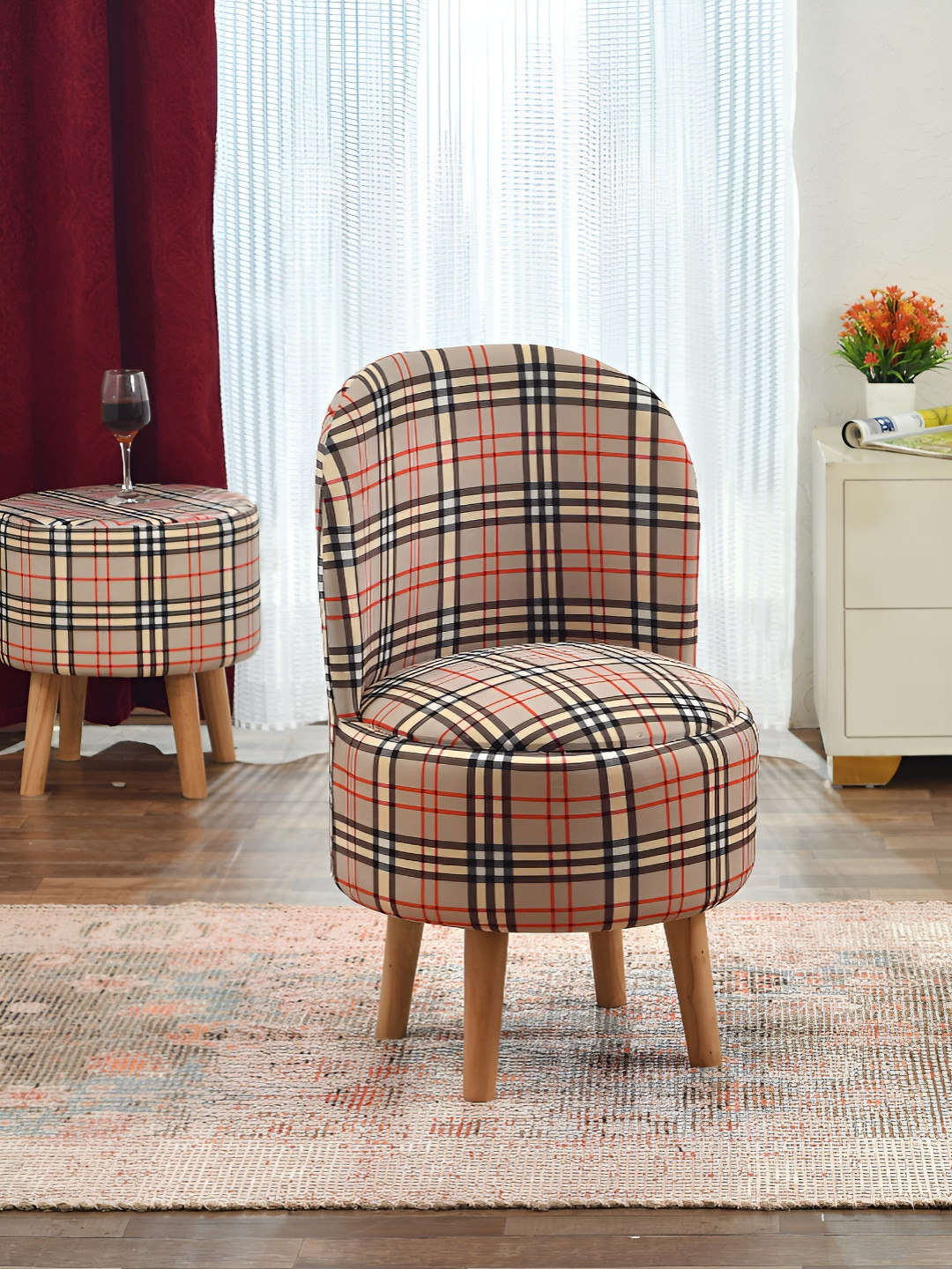 NACIA Beige & Red Printed Wooden & Velvet Chair Pouffes Stool Ottomans