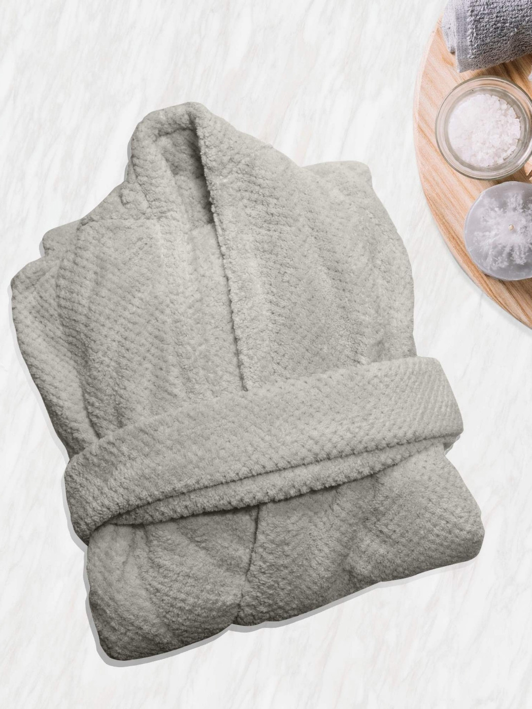 HOUSSE Silver Self Design Microfibre Drawstring Midi Bath Robe-L