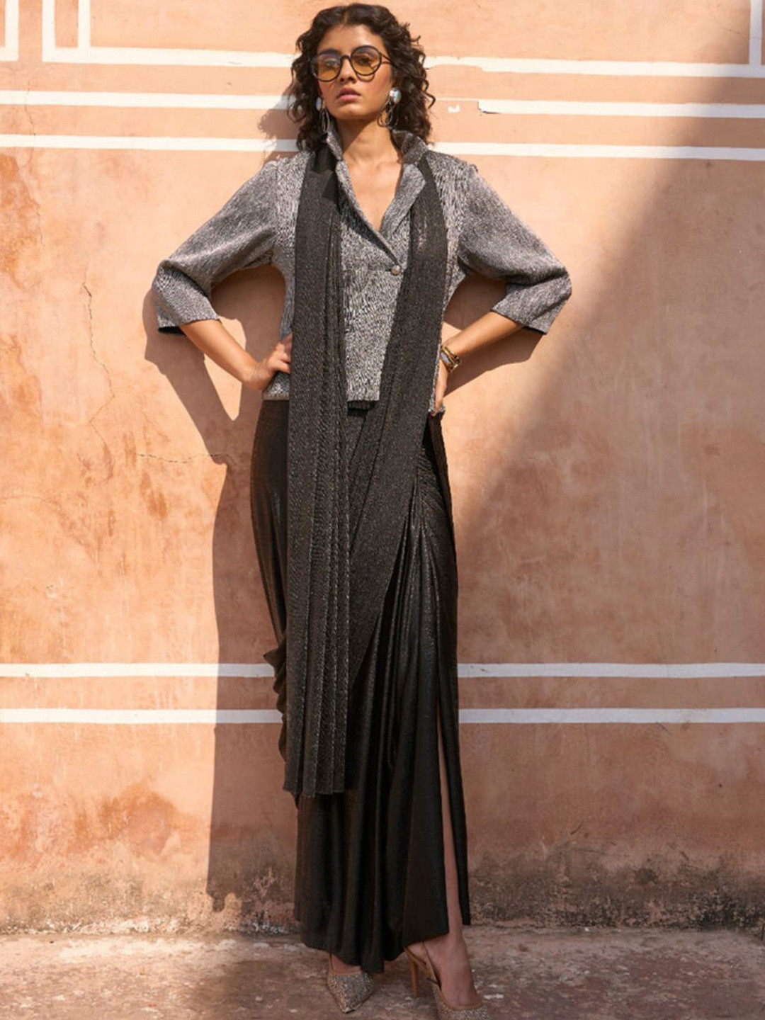 Dash and Dot Pleated Metallic Blazer Top & Black Sari Drape Skirt