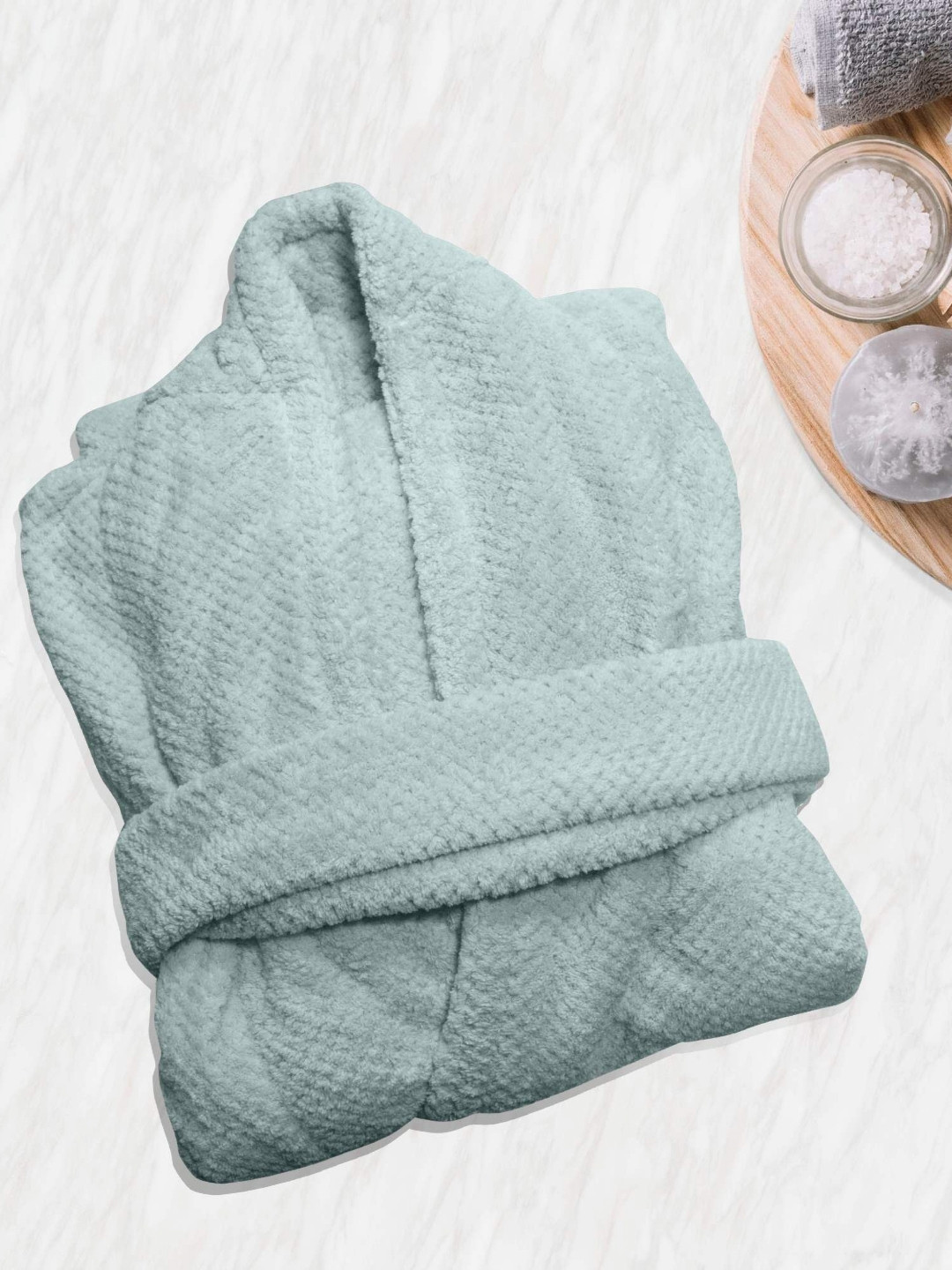 HOUSSE Blue Self Design Microfibre Drawstring Midi Bath Robe-L