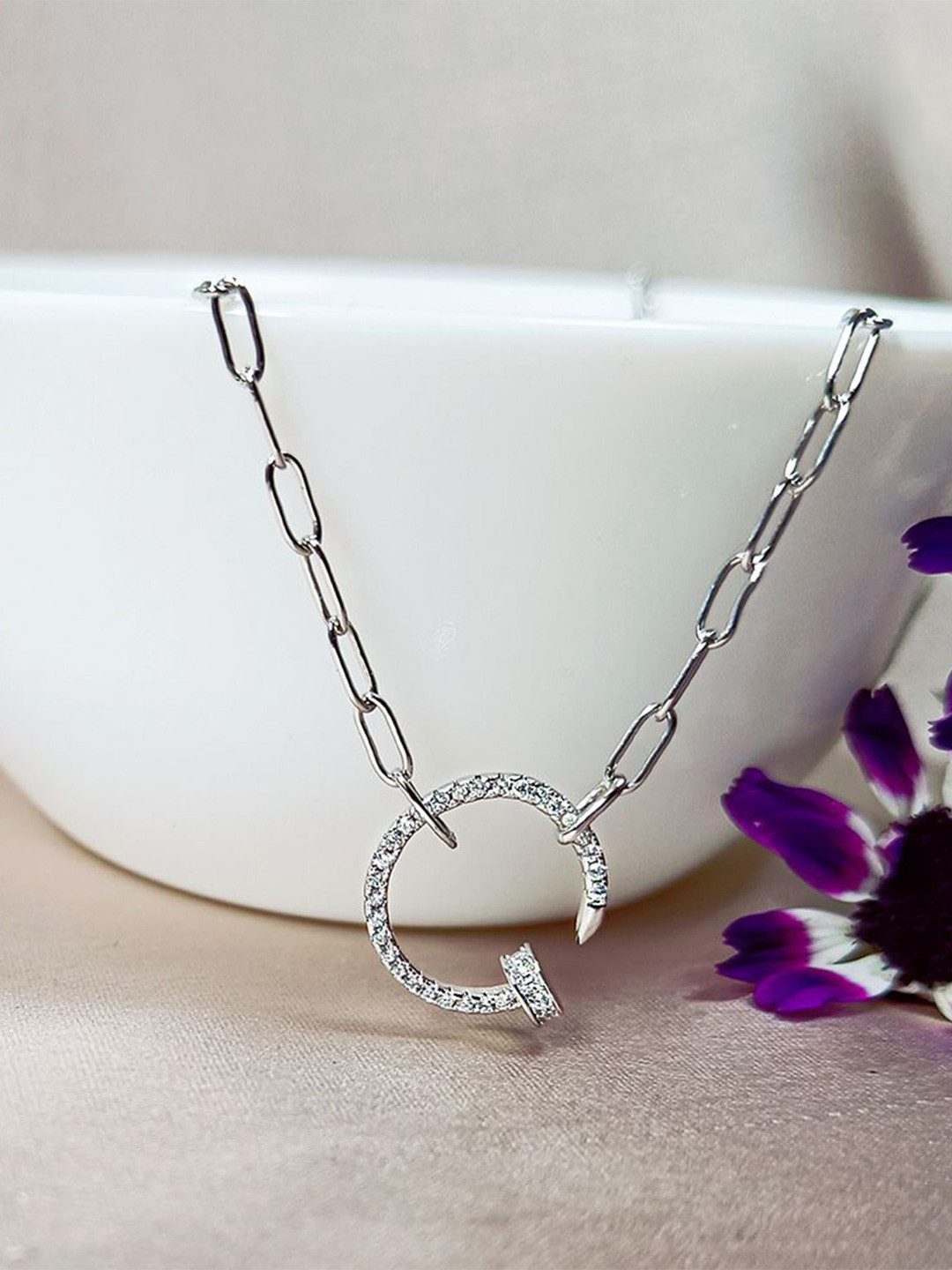 INARI SHINES 925 Sterling Silver American Daimond Studded Rise Above Asymmetric Necklace