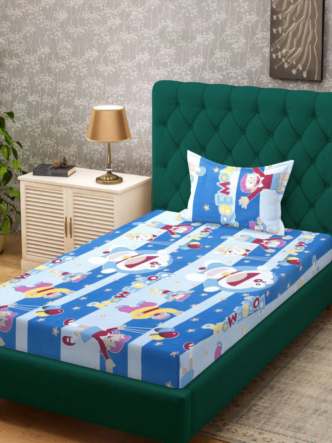 KLOTTHE Book Fold Blue Cartoon Characters Pure Cotton 400 TC Single Superfine Bedsheet with a Pillow Cover-89 x 59 inches