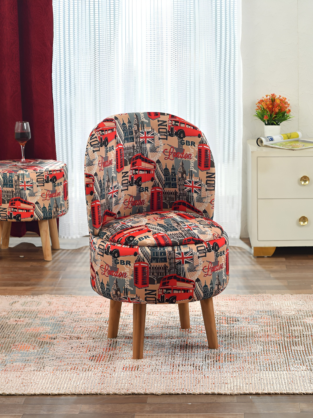 NACIA Brown & Red Printed Wooden & Velvet Chair Pouffes Stool Ottomans