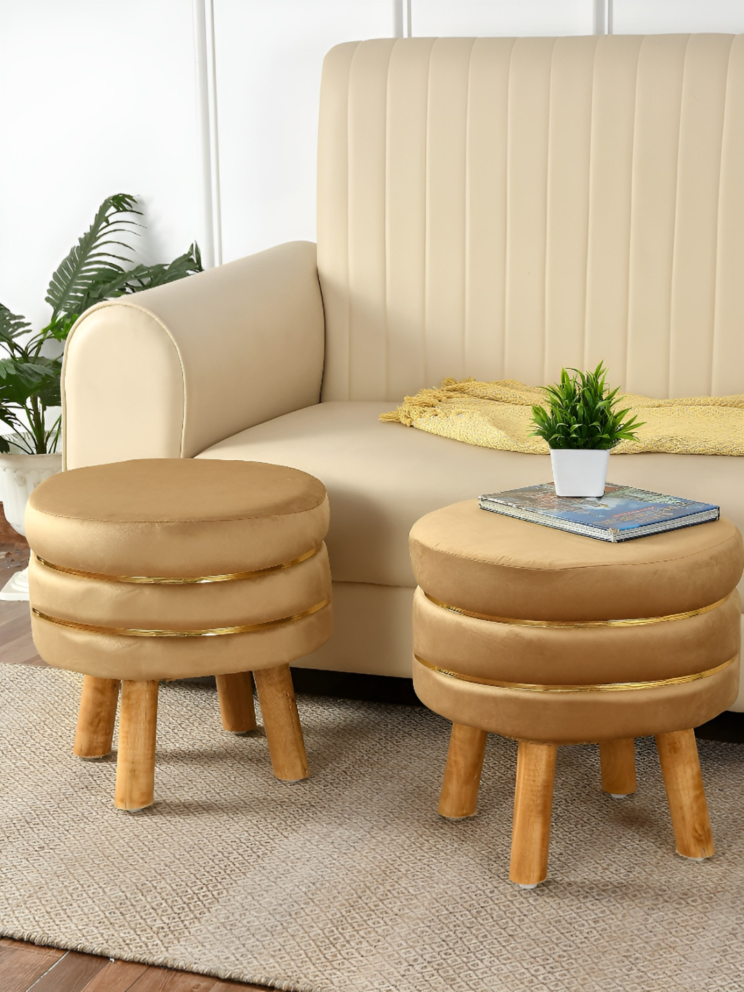 NACIA Set Of 2 Beige & Gold Toned Round Shape Wooden & Velvet Ottoman