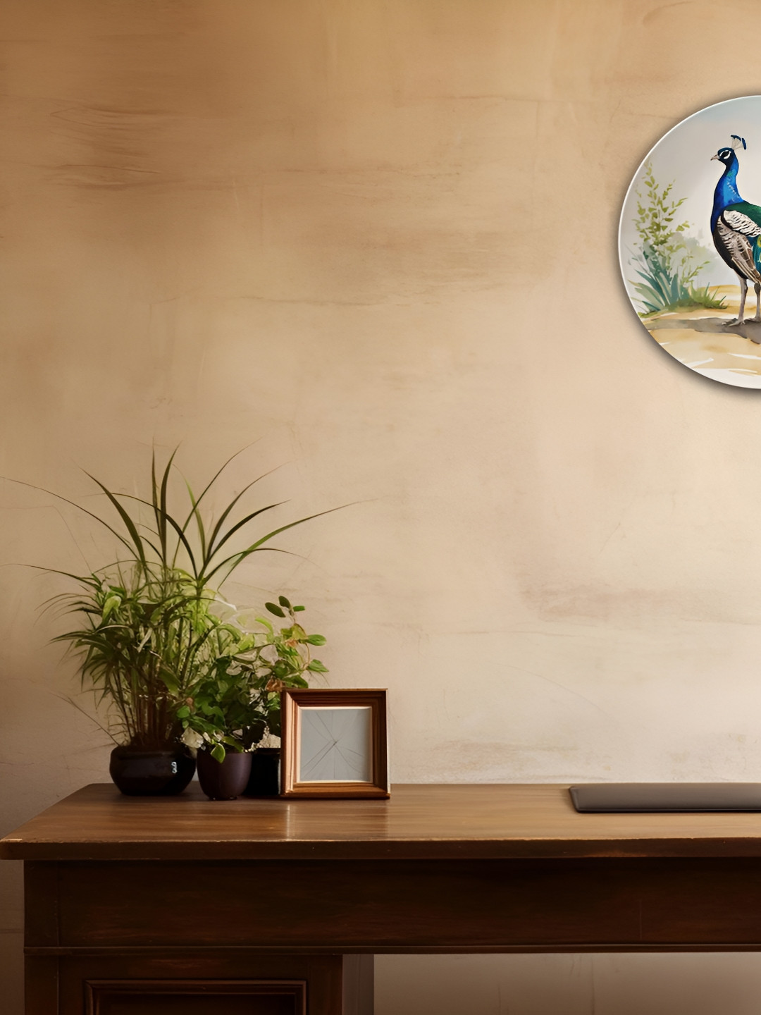 THE QUIRKY HOME Serene Scene Peacock Crafted Ceramics Glossy Hanging Hall Wall Plates-10In