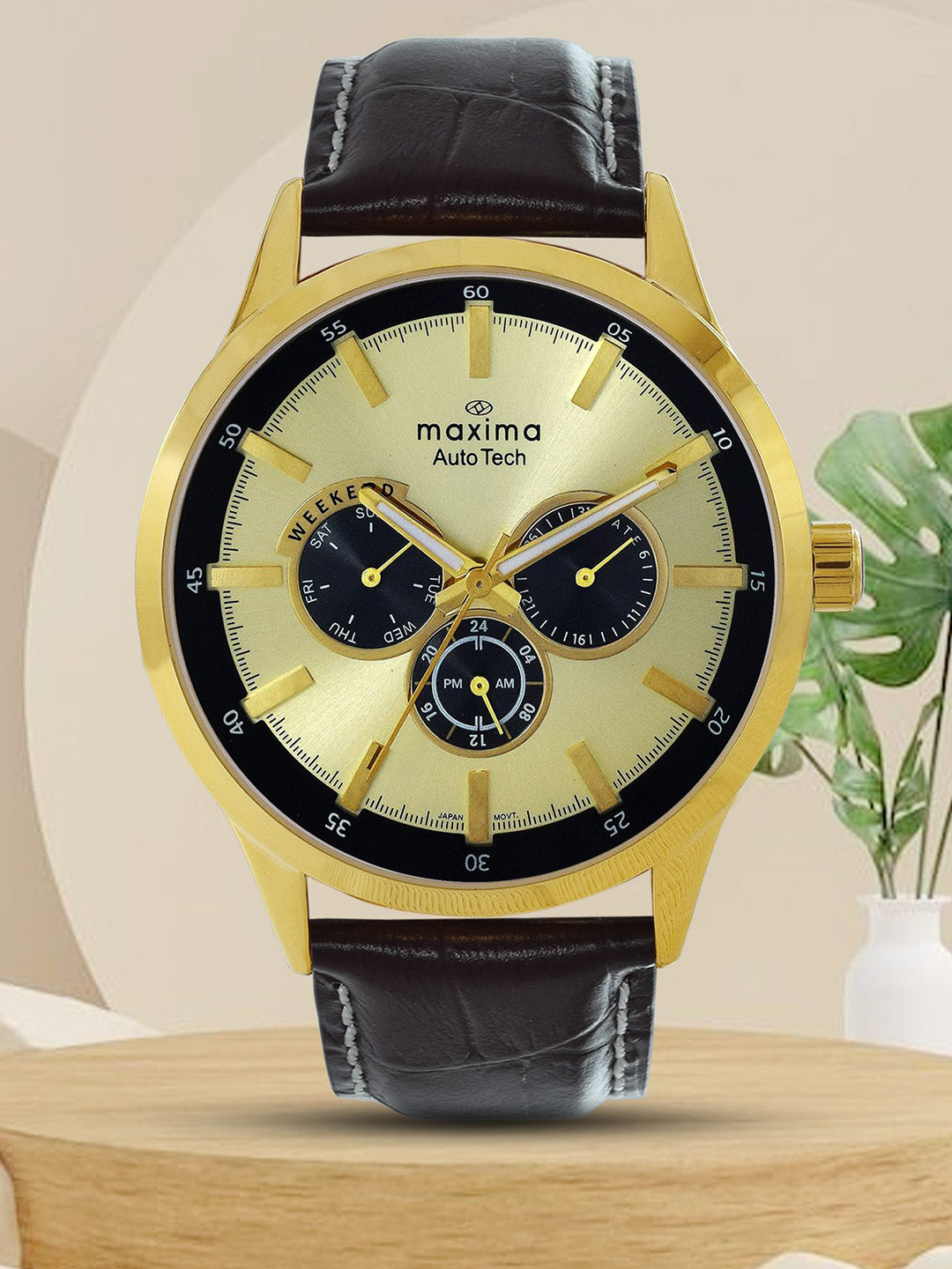 maxima Men Brass Dial & Leather Straps Analogue Multi Function Watch 71210LMGY