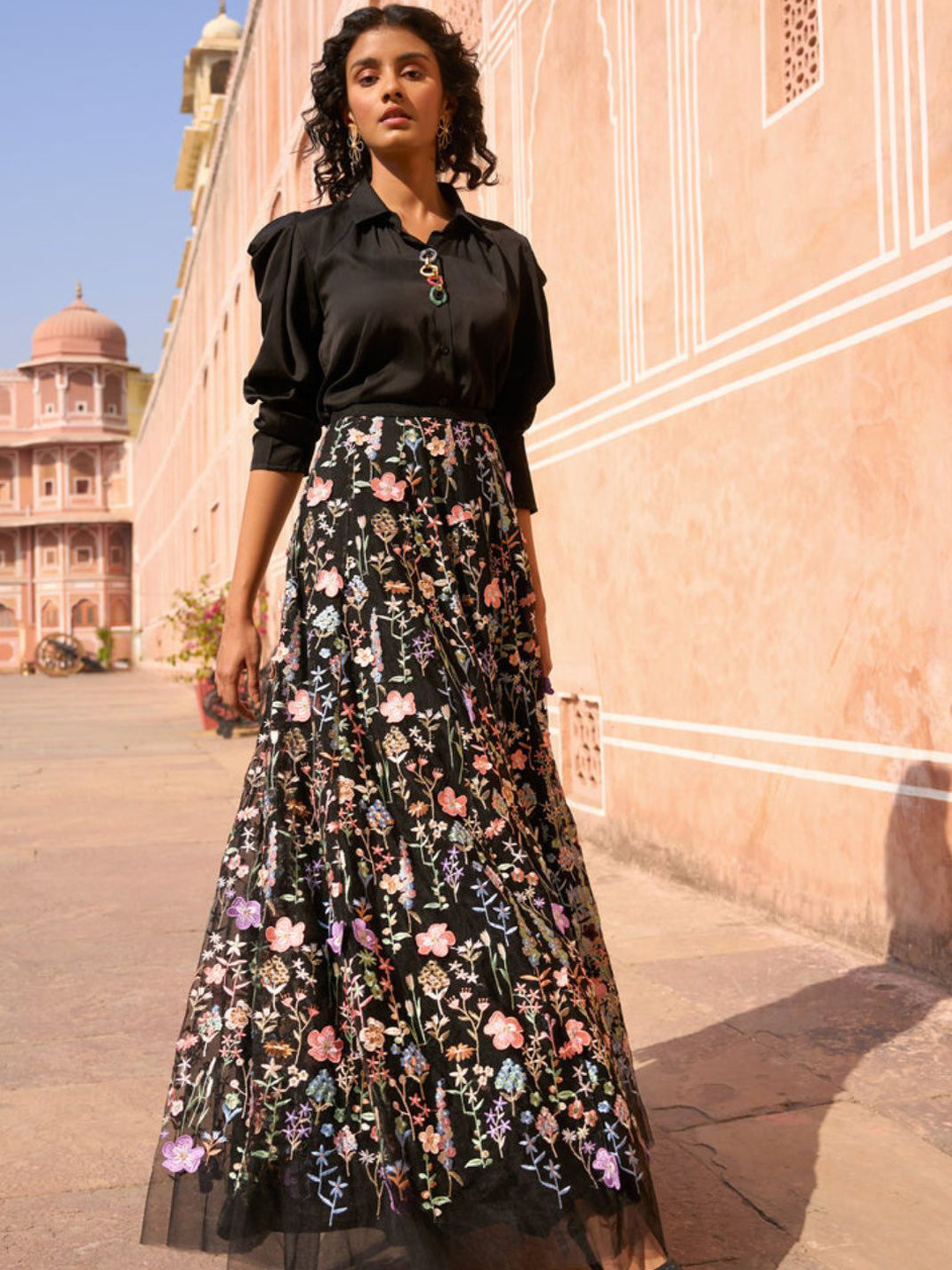 Dash and Dot 3D Floral Maxi Skirt & Chain Neck Shirt