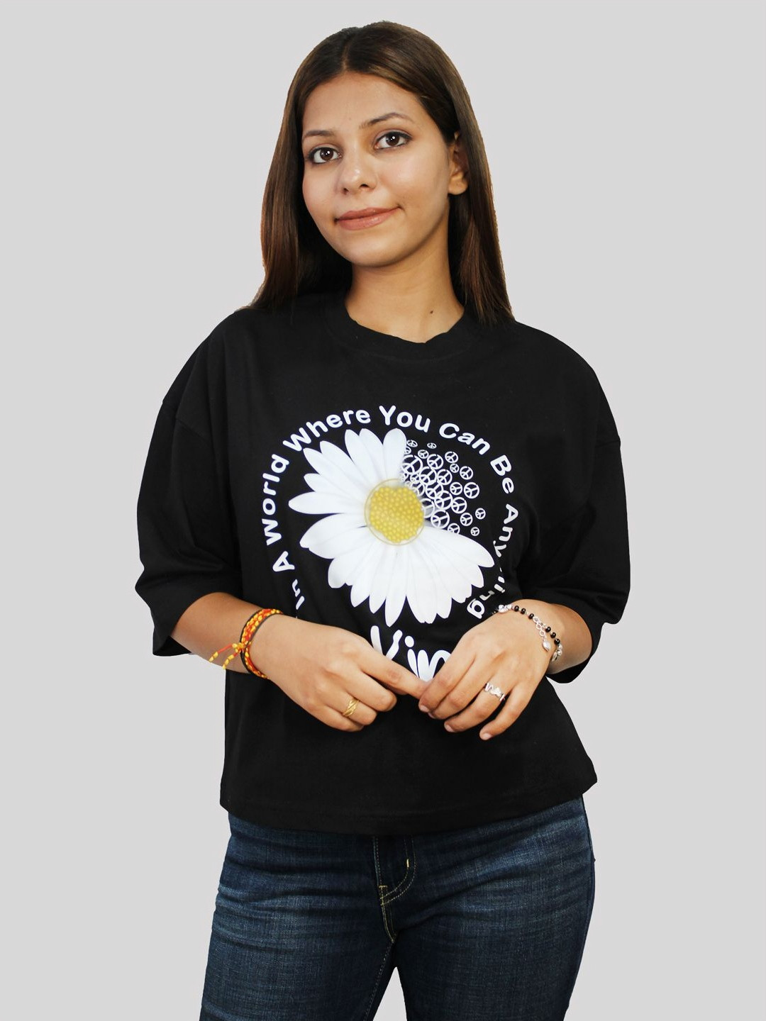 Women Crop Flower Printed Graphic Cotton Tees