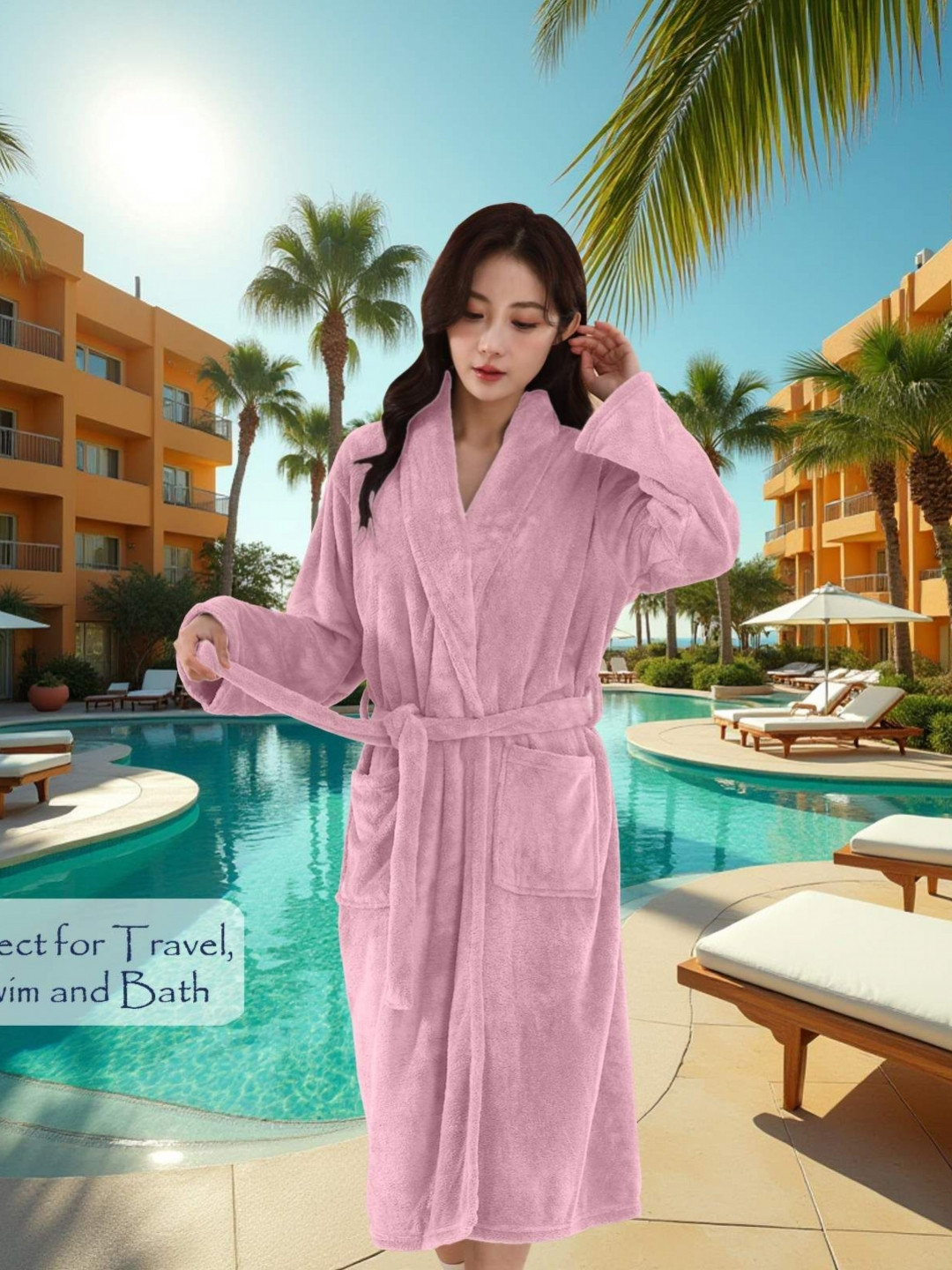 HOUSSE Pink Solid Microfibre Drawstring Midi Bath Robe-L