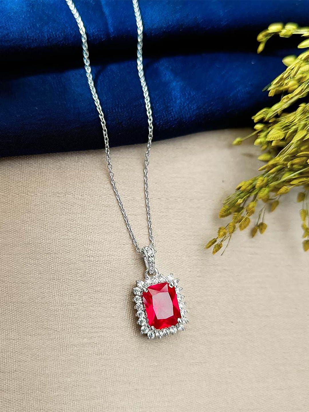 925 Sterling Silver Rhodium-Plated American Daimond Studded Square Ruby Pendant Chain