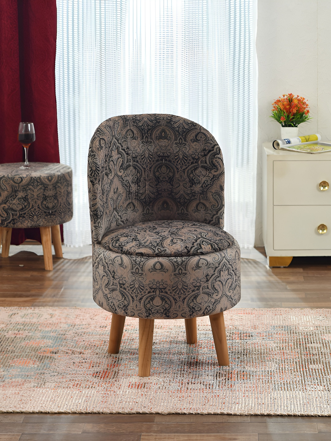 NACIA Beige & Grey Printed Wooden & Velvet Chair Pouffes Stool Ottomans