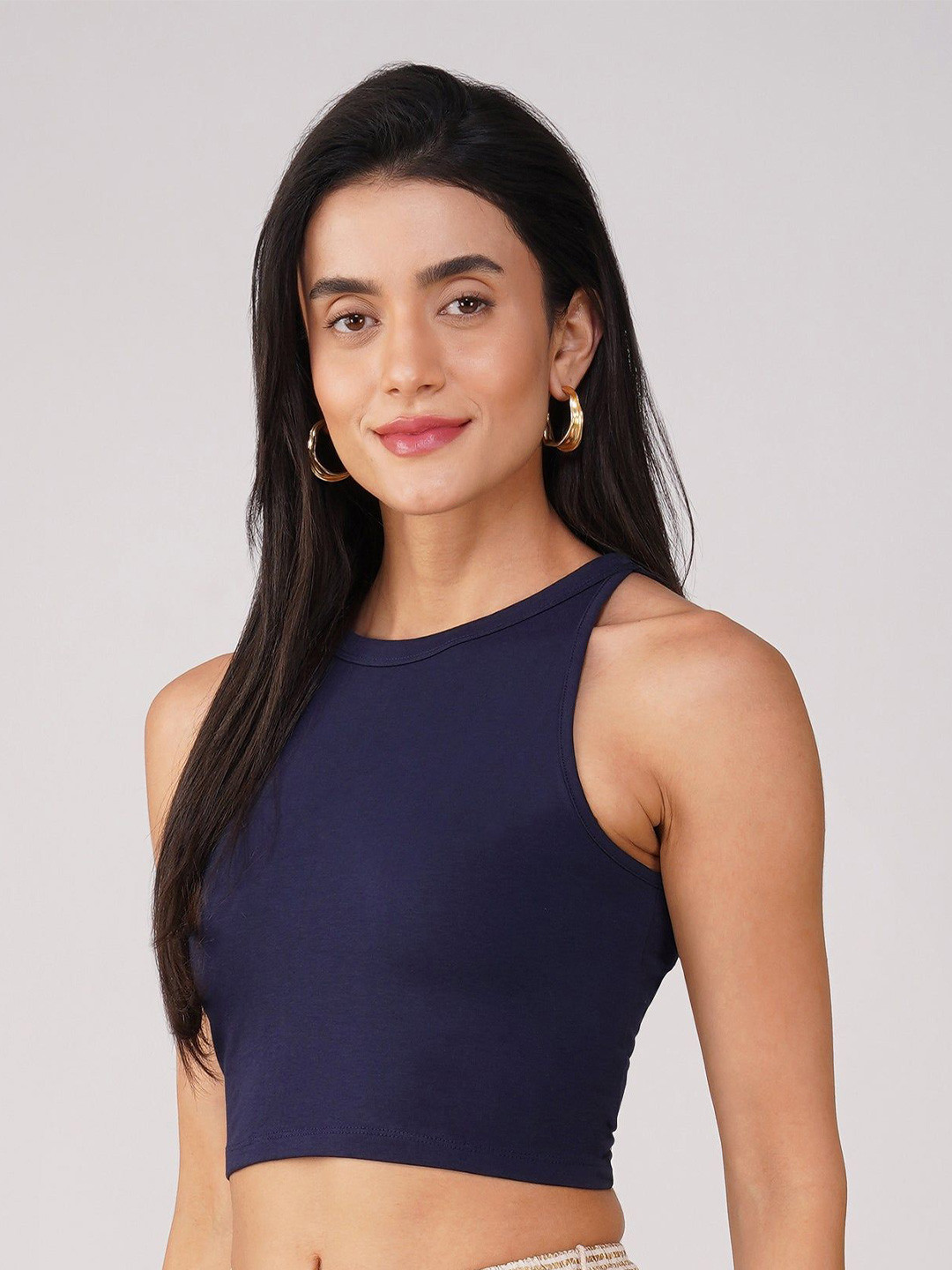 Swtantra Women's Stretchy Knitted Halter Neck Blue Crop Saree Blouse