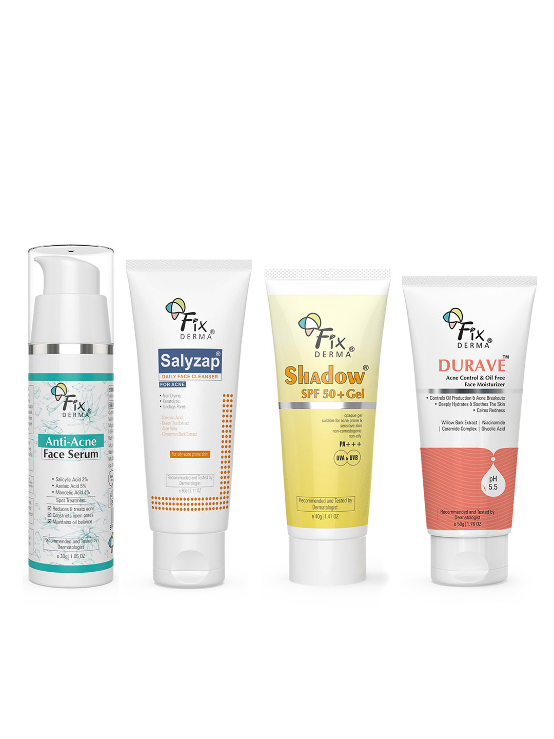 FIXDERMA Set of Face Wash 60ml + Sunscreen 40g + Moisturizer 50g + Face Serum 30g