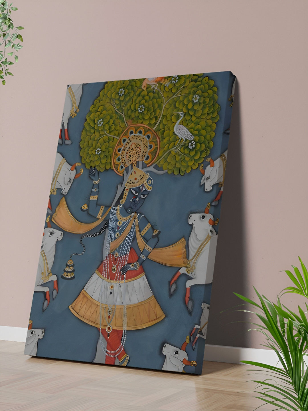 Aura Green & Blue Traditional Indian Krishna Canvas Wall Art