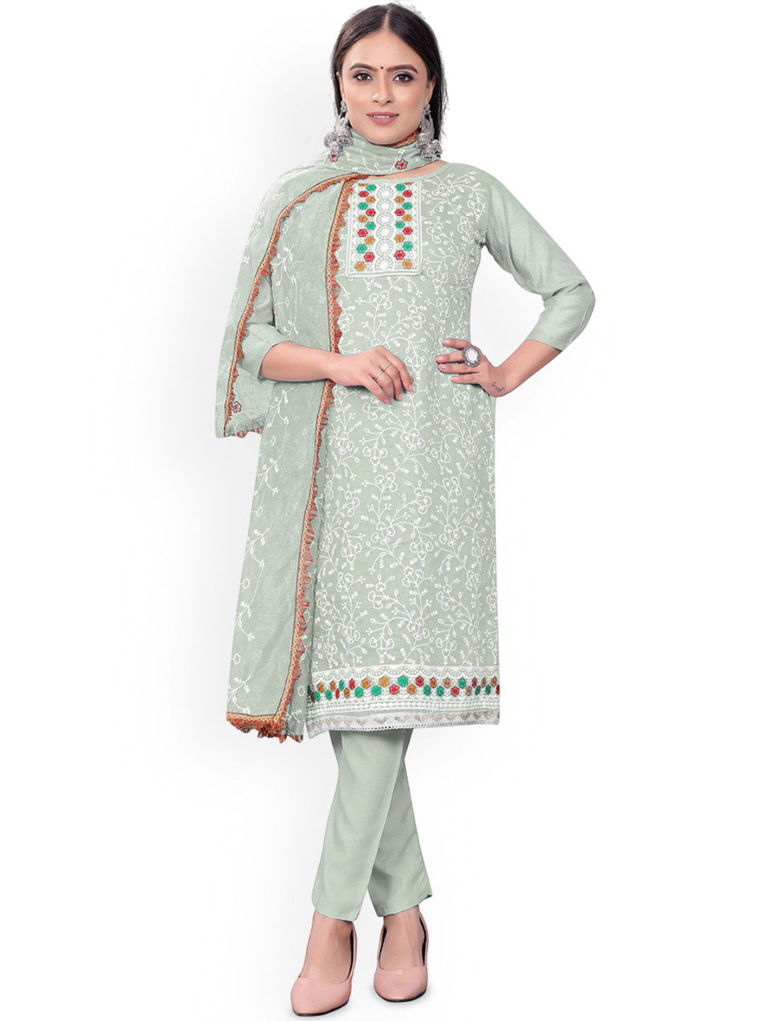 HERE&NOW Floral Embroidered Zari Modal Chanderi Unstitched Dress Material
