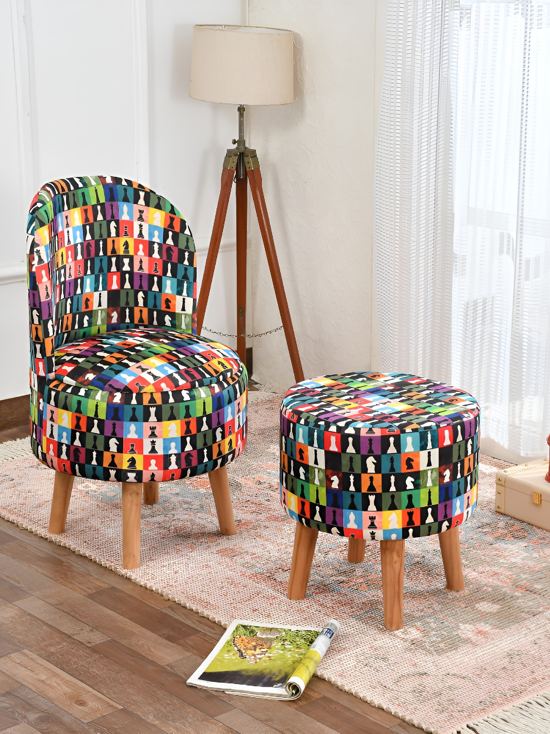 NACIA 2 Pieces Black & Blue Printed Cylindrical Shape Wooden Ottomans