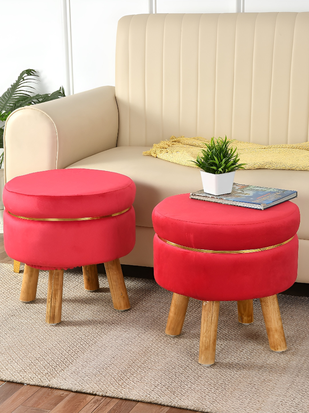 NACIA 2 Piece Red Round Shape Wooden Ottomans