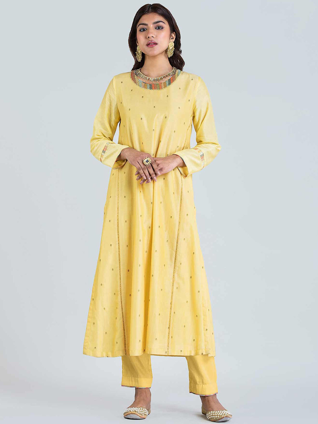 SAUNDH Vayu Zari Floral Printed Panelled Organza A-Line Kurta With Trousers & Dupatta