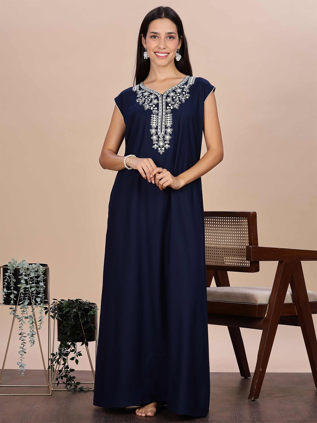 9shines Label  Solid Embroidered Maxi Nightdress with Extra Sleeves