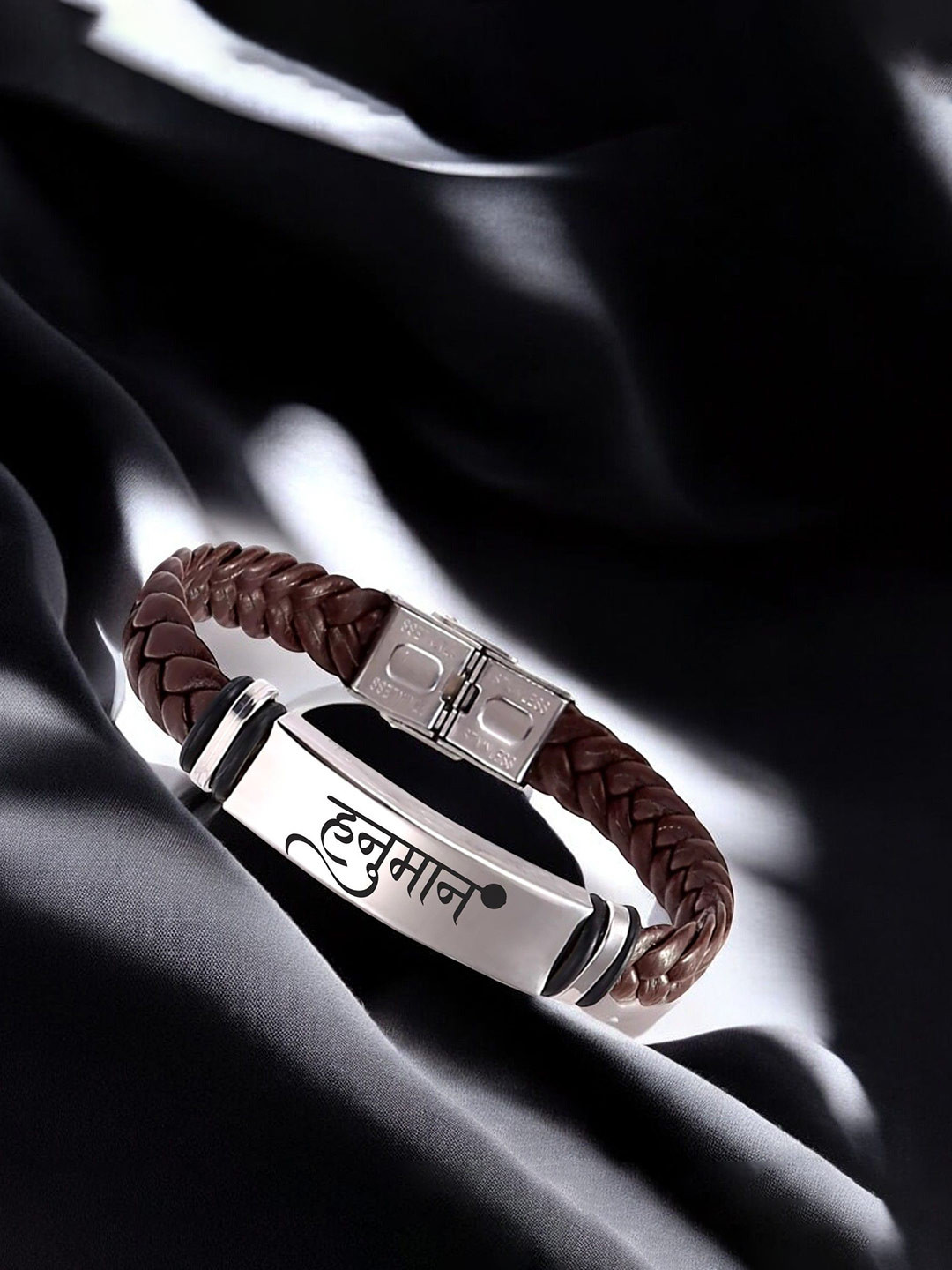 M Men Style Silver-Plated Hanuman Braided Leather Weave Wraparound Bracelet