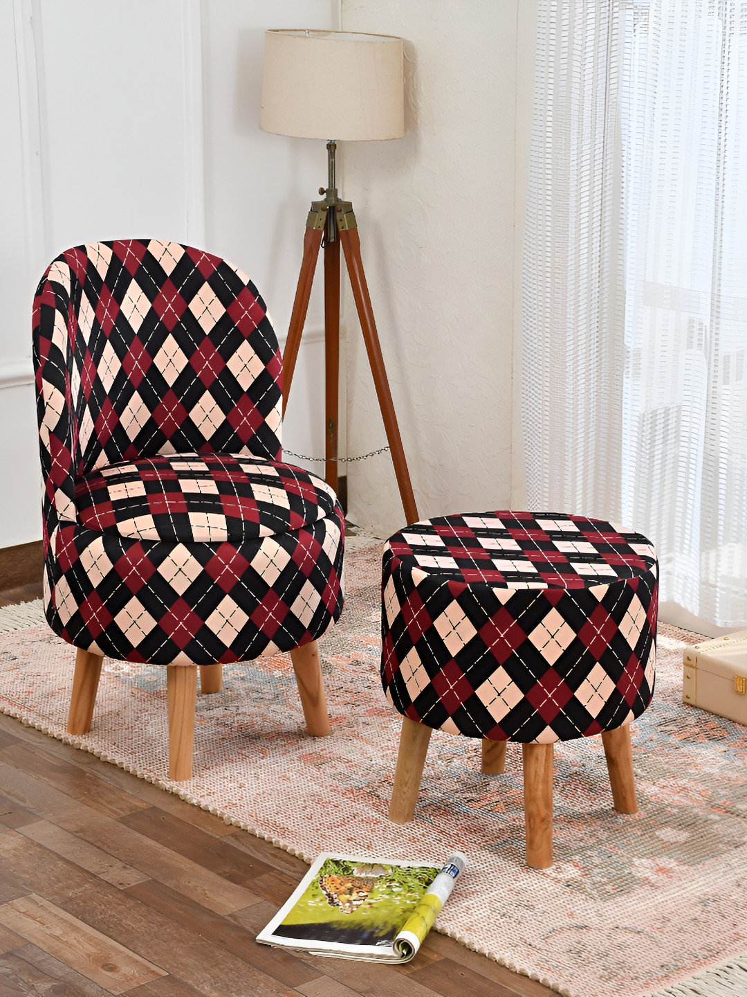 NACIA Black & Maroon 2 Pieces Printed Wooden & Velvet Cylindrical & Round Pouffe Ottomans
