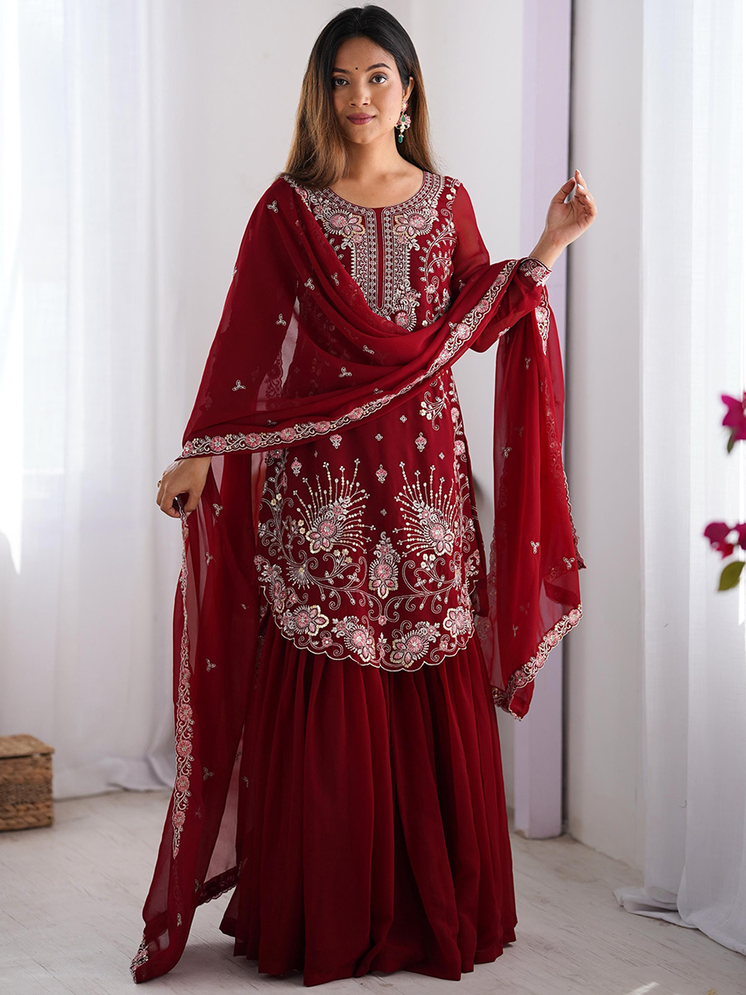 LeeliPeeri Designer Floral Embroidered Georgette Sequinned Kurta With Sharara And Dupatta
