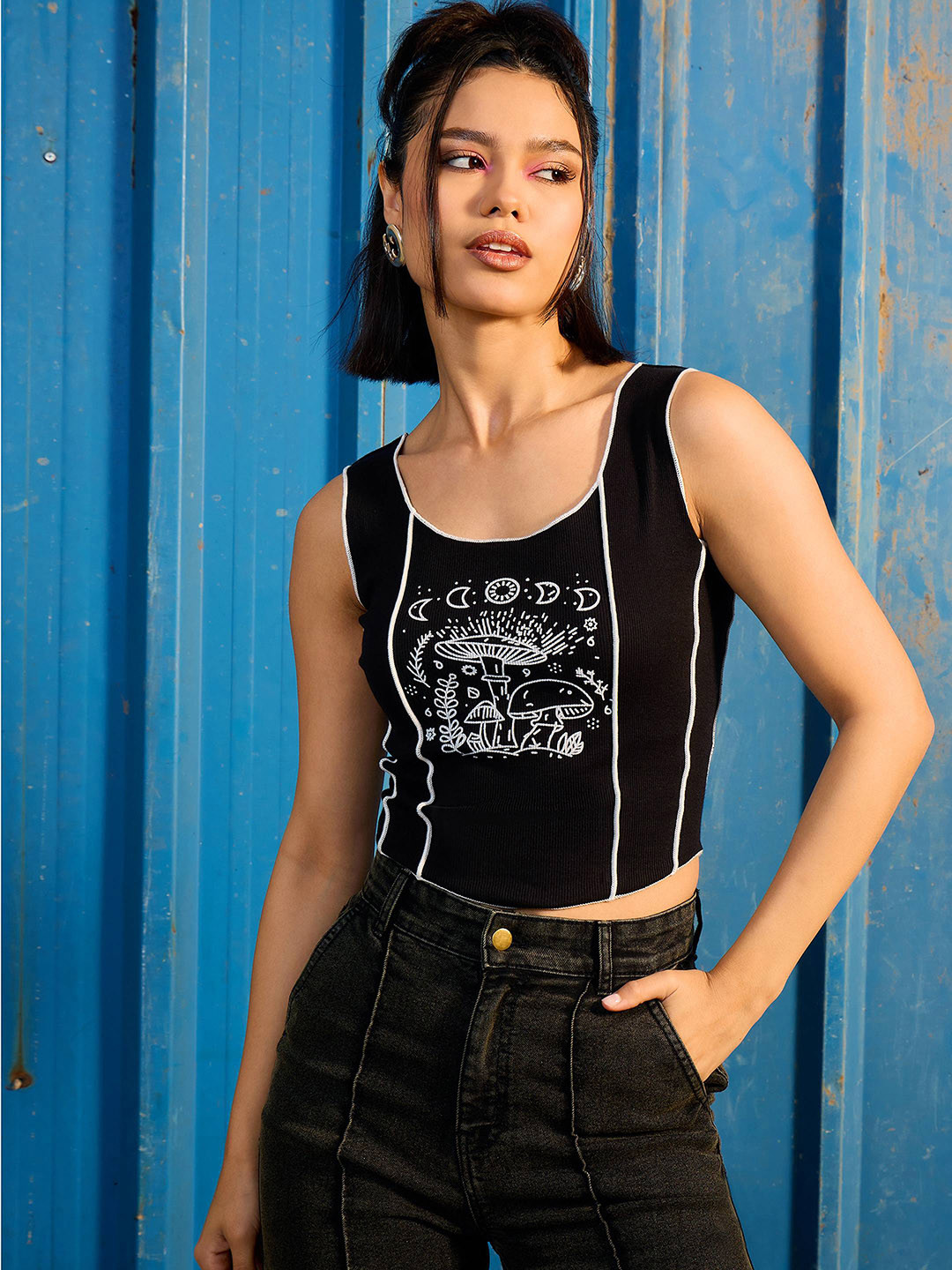 CORSICA Printed Contrast Stitch Crop Top