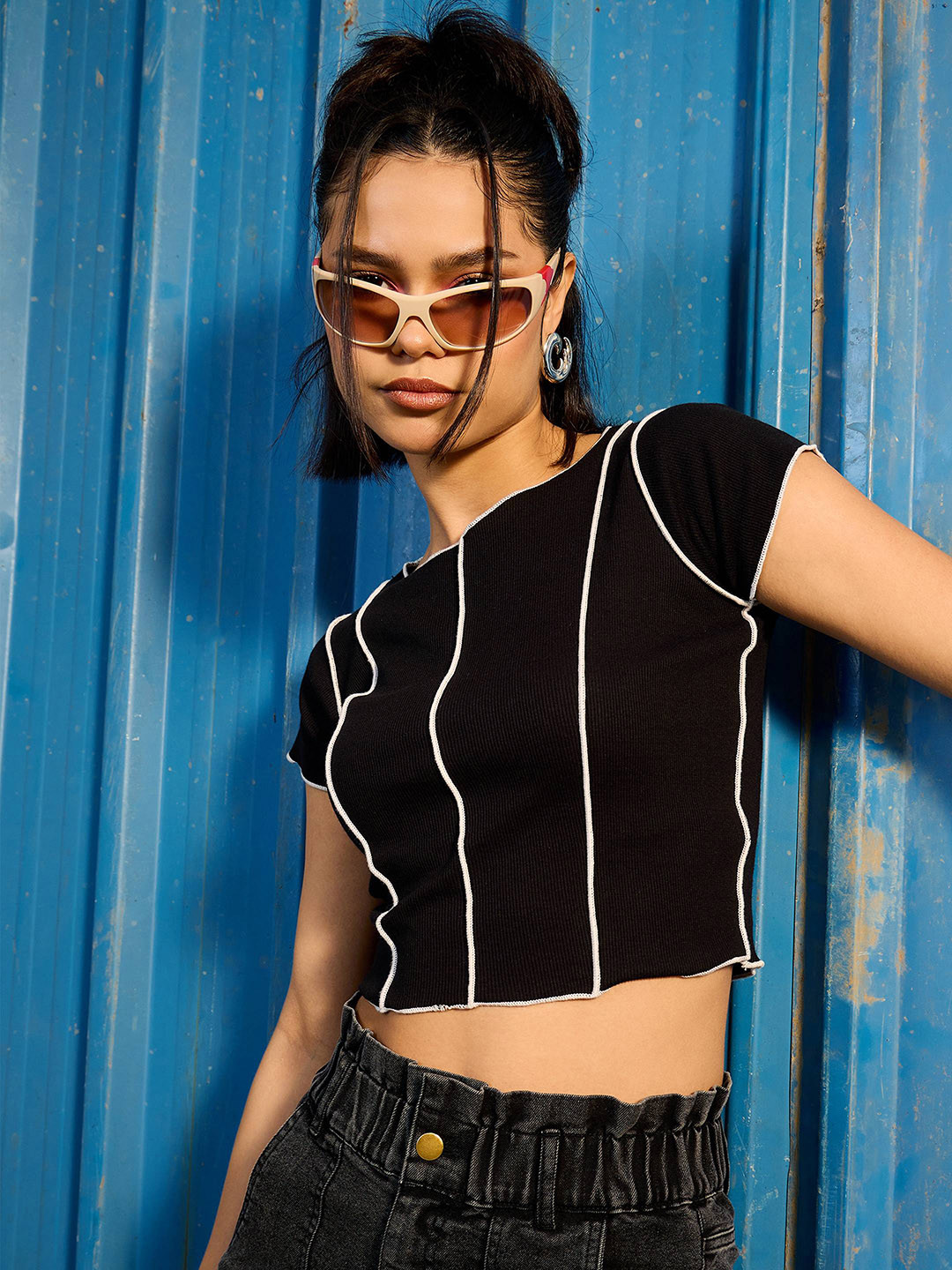 CORSICA Paneled Contrast Stitch Ribbed Crop Top