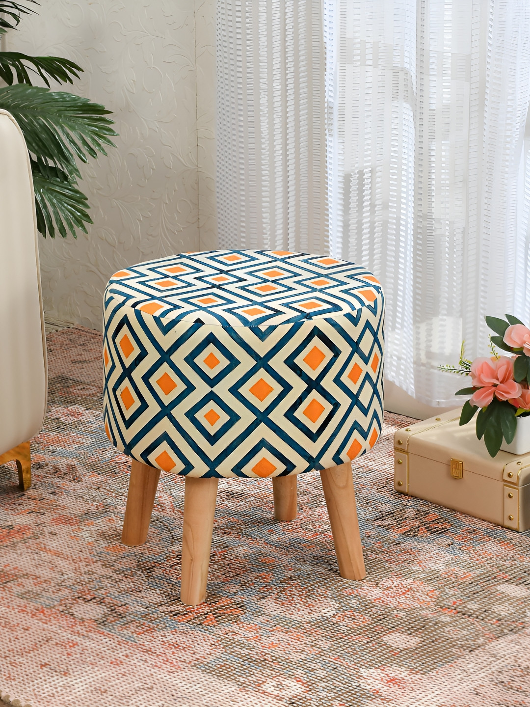 NACIA Yellow & White Printed Wooden & Velvet Round Pouffes Stool Ottomans