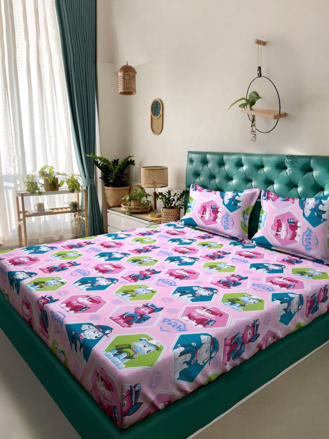 KLOTTHE Purple Cartoon Characters Pure Cotton 400 TC King Fine Bedsheet with 2 Pillow Covers-98 x 89 inches