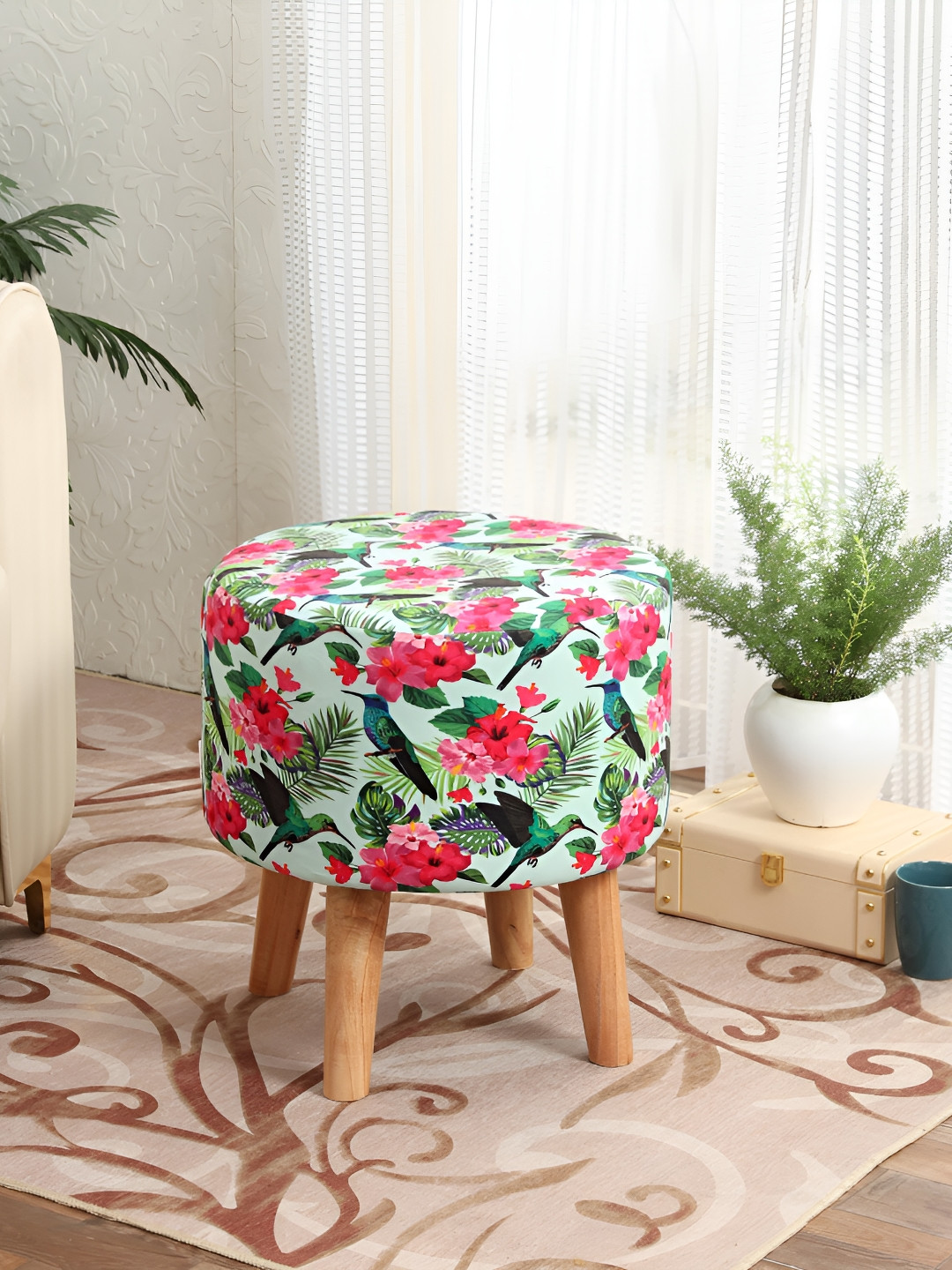 NACIA Green & Pink Floral Printed Ottoman Pouffes Stool