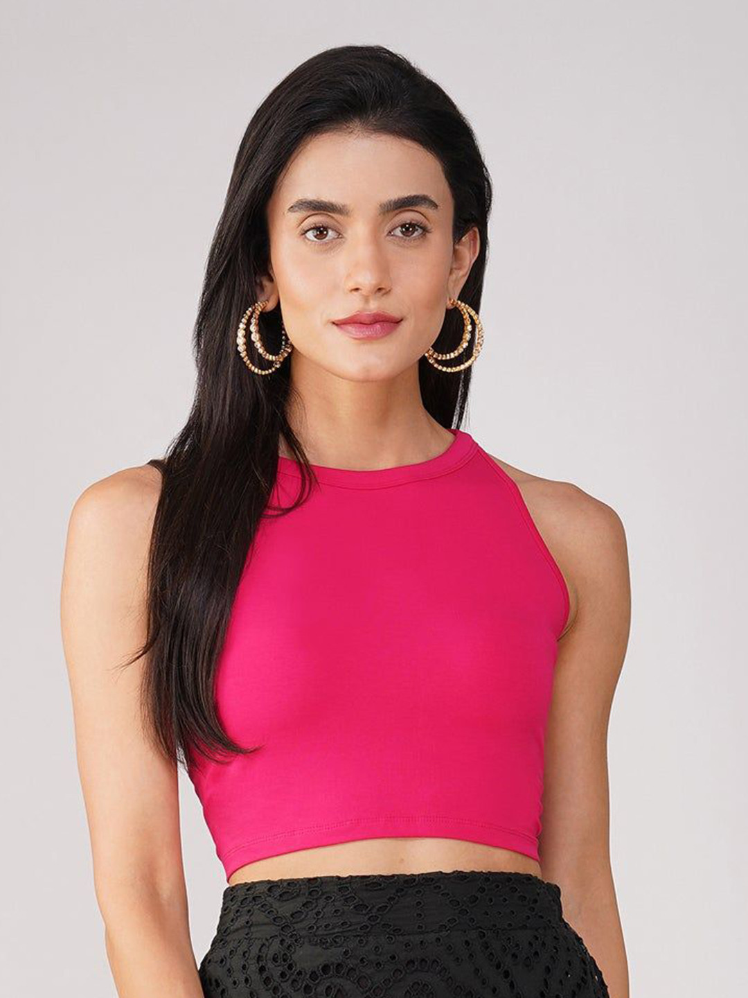 Swtantra Women's Stretchy Knitted Round Neck Fuchsia Crop Saree Blouse