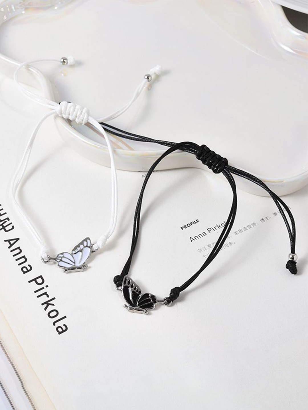 The Roadster Lifestyle Co Set Of 2 Silver-Plated Butterfly Charm Thread Couple Bracelets