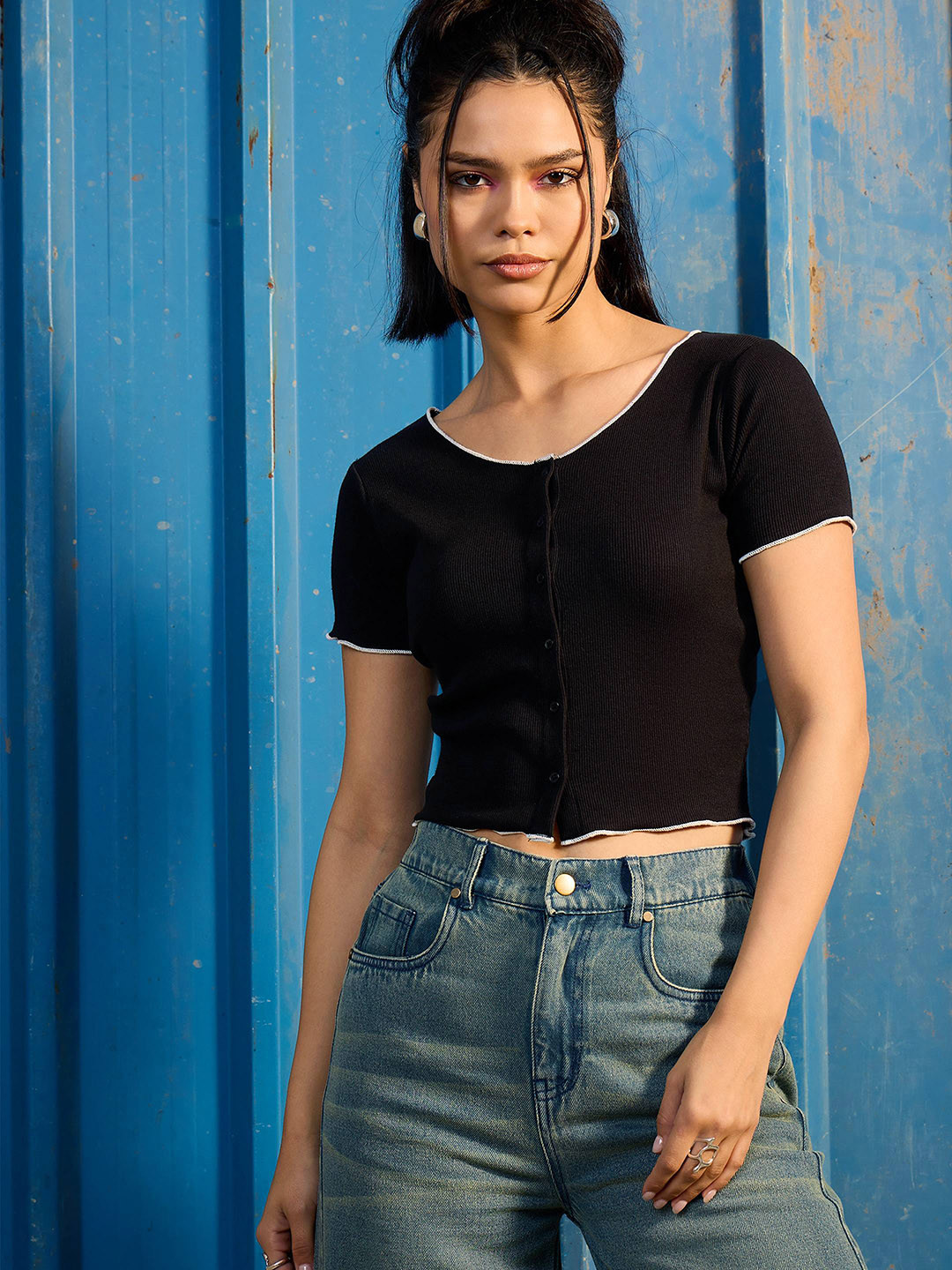 CORSICA Contrast Stitch Front-Open Ribbed Top