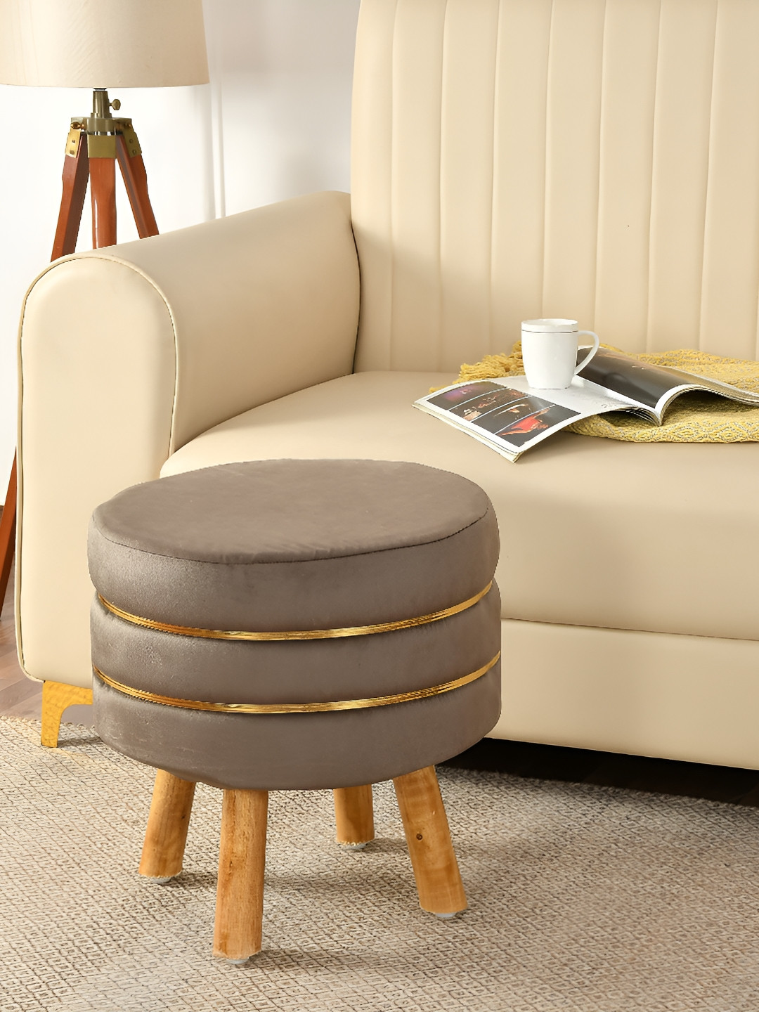 NACIA Brown & Gold Toned Round Wooden & Velvet Ottoman
