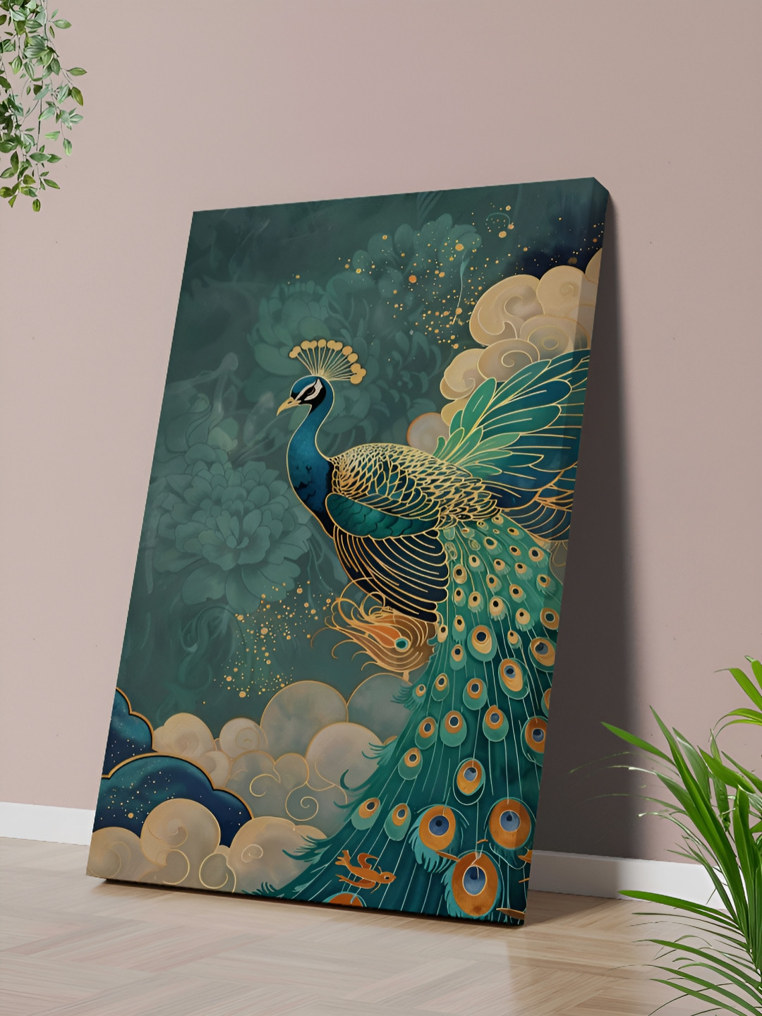 SAF Teal & Gold-Toned Elegant Peacock Canvas Birds and Animals Wall Painting