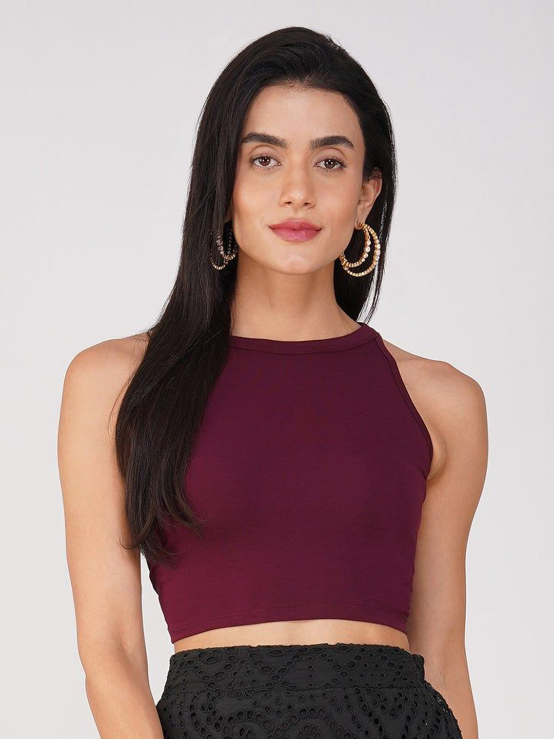 Swtantra Women's Stretchy Knitted Halter Neck Wine Crop Top