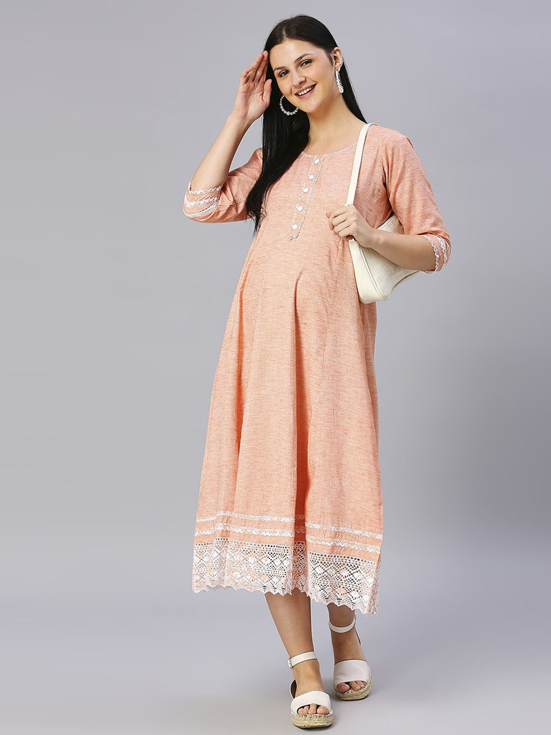 MORDEN MUSE Women Paisley Embellished Kantha Work Lace Frills Bows and Ruffles Maternity Anarkali Kurta