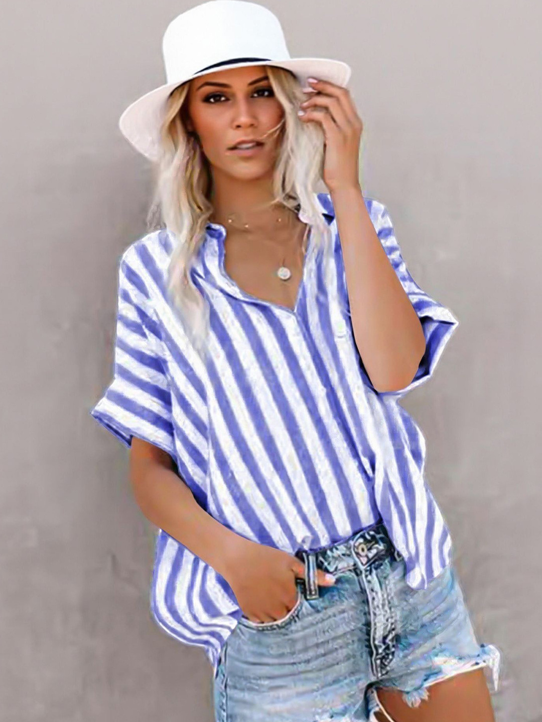 Outzidr Blue Oversized Striped Shirt