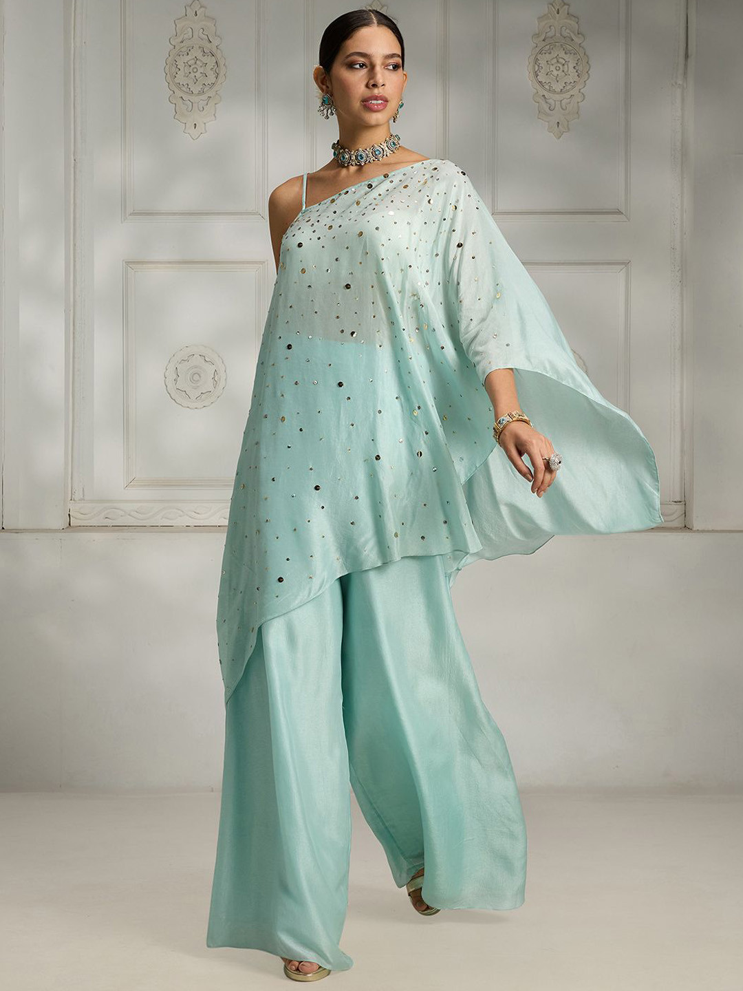 Rivaar By Rocky Star Embellished One Shoulder Tunic With Palazzo