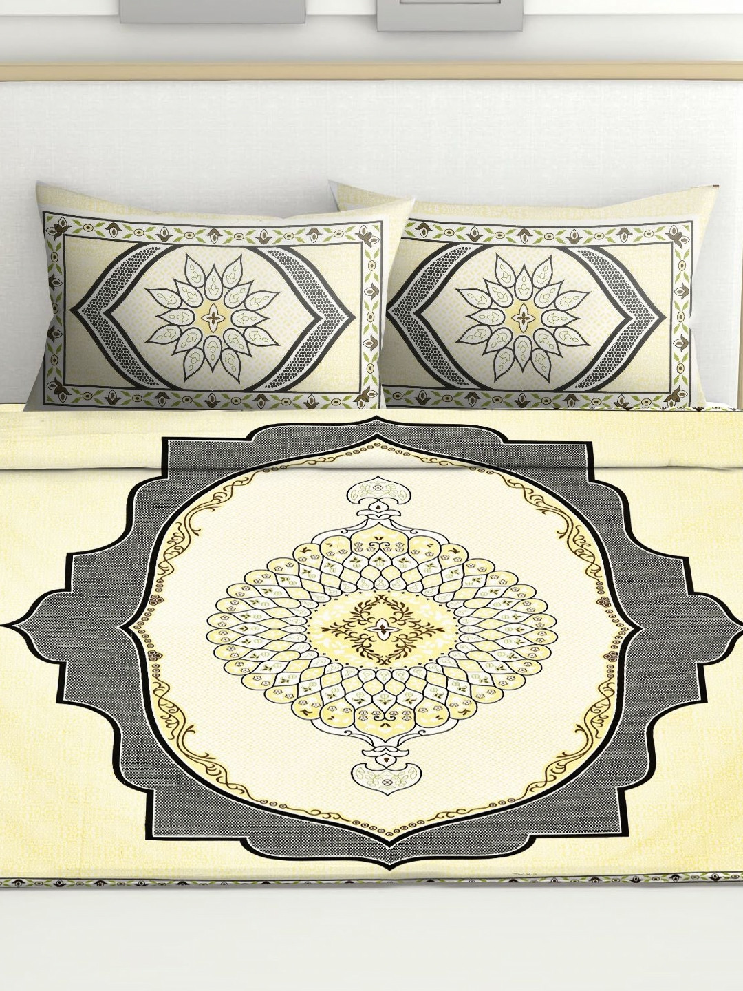 Spangle Premium Yellow Ethnic Motifs Cotton 260 TC King Fine Bedsheet with 2 Pillow Covers-108 x 100 inches