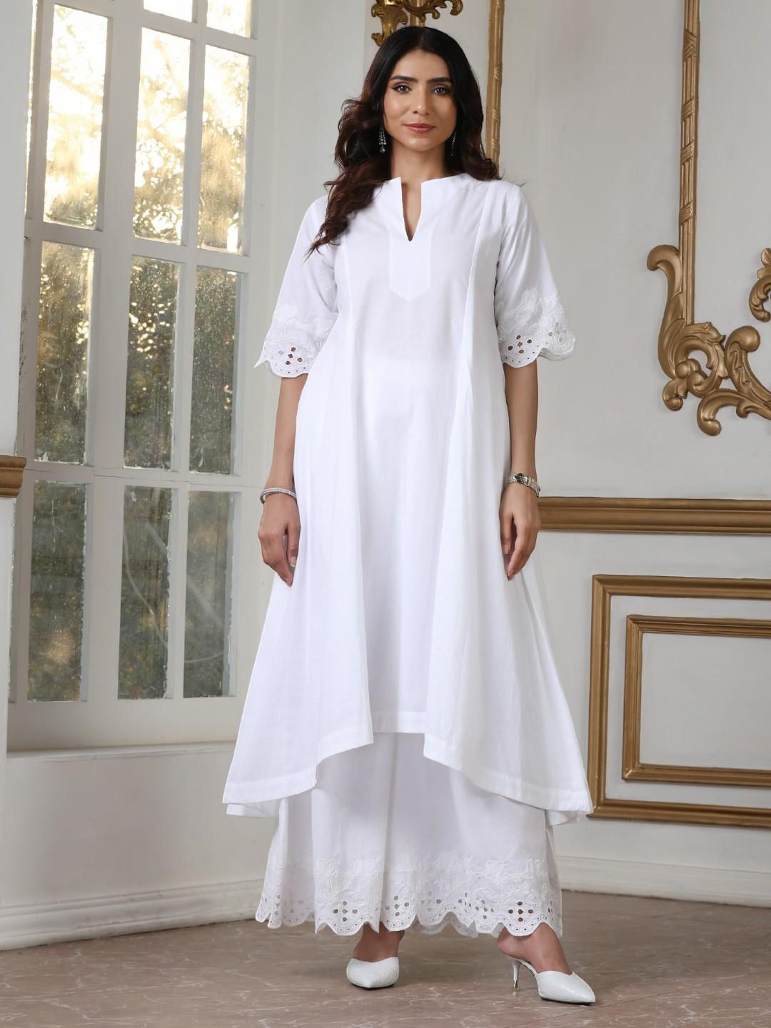 Swtantra Notch Neck Thread Work Hi Low Schffli A-Line Kurta With Palazzo