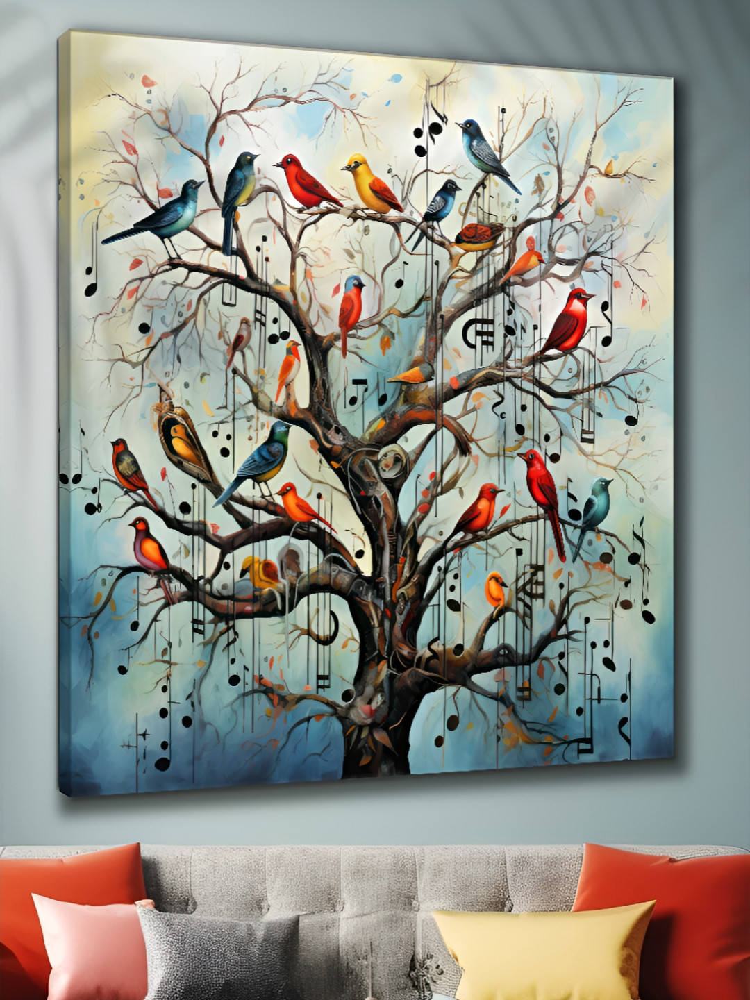 Myntra Elegant Homes Blue & Brown Canvas Bird on Tree Wall Art