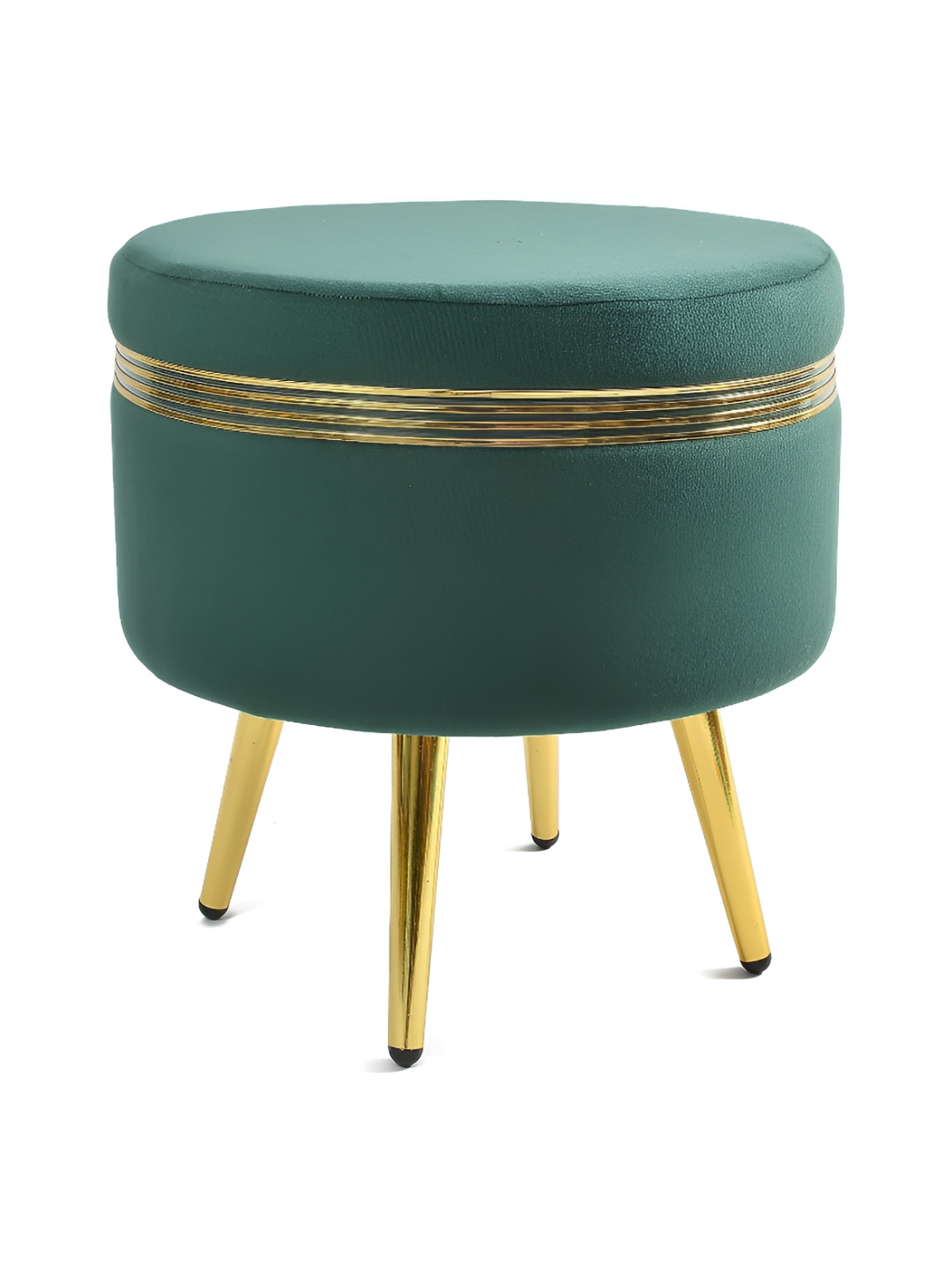 NACIA Green & Gold Toned Round Shape Metal & Velvet Ottoman Pouffes Stool